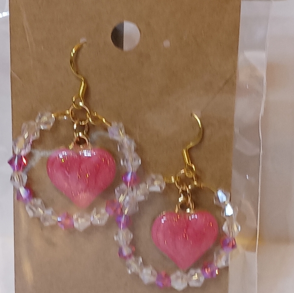 Earrings pink enameled heart charm,clear and pink crystals. - Picture 6 of 6